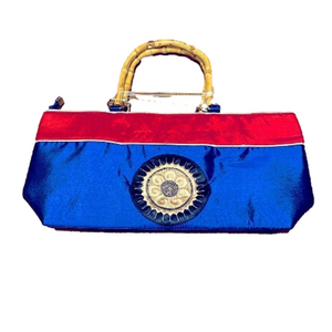 🌹 Fibonacci Sun Embroidery Blue & Red Satin Bag With Bamboo Wooden Handles 🌹 NWT